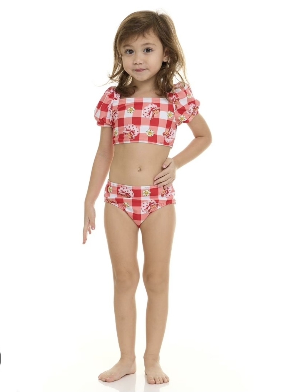 Girls Red & White Gingham Puff-Sleeve Two-Piece Swimsuit Strawberry Shortcake